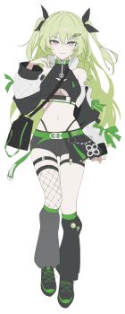 1girl absurdres arm_tattoo baiser3rd bare_shoulders black_footwear black_shorts breasts clothing_cutout commentary crop_top detached_sleeves fishnet_cutout fishnet_thighhighs fishnets full_body green_hair headphones headphones_around_neck highres honkai_(series) honkai_impact_3rd long_hair mobius_(honkai_impact) mobius_(razer)_(honkai_impact) navel official_alternate_costume parted_lips short_shorts shorts simple_background single_thighhigh slit_pupils small_breasts smile solo stomach tattoo thighhighs twintails underboob_cutout white_background