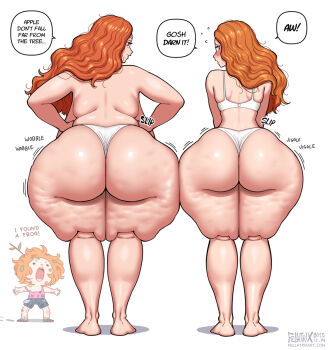 age_difference ass back blue_eyes blush bra breasts brown_eyes cellulite dirty dirty_clothes dirty_face dirty_feet fat fellatrix female_focus huge_ass loli long_hair mary_lou_(fellatrix) mother_and_daughter panties peggy_sue_(fellatrix) red_hair sagging_breasts shiny_skin short_hair side-by-side standing suzieq_(fellatrix) topless topless_female underwear white_panties