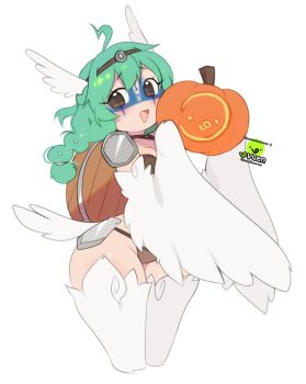 1girl ahoge armor bikini_armor birb_(niniidawns) bird_legs bird_tail blue_facepaint blush braid brown_eyes chicken_girl commentary english_commentary facepaint faulds feathered_wings feathers green_hair hair_between_eyes halloween halloween_costume harpy head_wings headband highres holding holding_pumpkin long_hair monster_girl niniidawns open_mouth original pauldrons pumpkin shield shield_on_back shoulder_armor simple_background solo tail twin_braids white_background white_feathers white_tail white_wings wide_hips winged_arms wings
