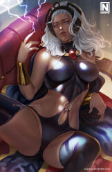 Rule 34 | 1girl, artist logo, artist name, black cape, black footwear, boots, breasts, cape, couch, dark-skinned female, dark skin, deviantart username, electricity, gold bracelet, grey eyes, highres, large breasts, long hair, looking at viewer, lying, marvel, navel, nopeys, on back, on couch, ororo munroe, patreon logo, patreon username, solo, sparks, spread legs, storm (x-men), thigh boots, watermark, web address, white hair, x-men