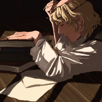 Rule 34 | 1boy, badeni, black tabard, blonde hair, book, book stack, chi.: chikyuu no undou ni tsuite, closed eyes, commentary request, elbow rest, hand in own hair, highres, male focus, mede teru, scar, scar on face, scar on mouth, scar on nose, shirt, sitting, sleepy, solo, tabard, tonsure, white shirt