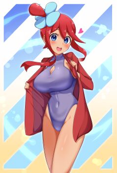 1girl absurdres bare_legs blue_eyes blush border breasts cleavage_cutout clothing_cutout commentary_request commission covered_navel cowboy_shot diagonal-striped_background gradient_border heart highres jacket large_breasts long_sleeves looking_at_viewer mujin_(mujinzairaisen) nintendo one-piece_swimsuit open_clothes open_jacket open_mouth outside_border pixiv_commission pokemon pokemon_bw purple_one-piece_swimsuit red_hair red_jacket sidelocks skyla_(pokemon) smile solo striped_background swimsuit teeth upper_teeth_only