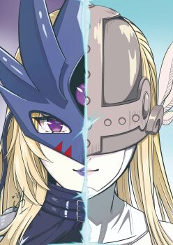 Rule 34 | angel, angel girl, angewomon, artist request, beelstarmon, blonde hair, digimon, digimon (creature), eye mask, female focus, head wings, helmet, highres, leather, lipstick, long hair, looking at viewer, makeup, mask, parted lips, pink eyes, profile picture, signature, simple background, smile, third eye, upper body, very long hair, wings