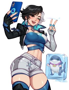 1girl among_us artist_name black_hair black_jacket blue_(among_us) blushyspicy breasts brown_eyes commentary crop_top curvy english_commentary frozen highres jacket jeff_(marvel) looking_at_viewer luna_snow marvel marvel_rivals multicolored_hair open_mouth shark short_hair shorts simple_background split-color_hair two-tone_hair v white_background white_hair