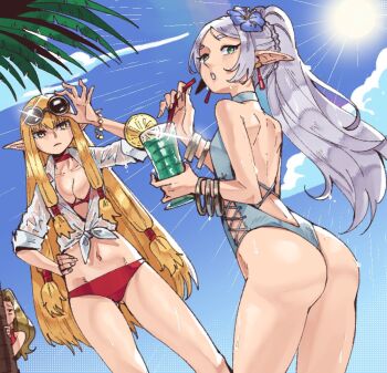 3girls alternate_hairstyle ass bikini blonde_hair blue_bikini blue_sky breasts cleavage cloud commentary contemporary cup drinking_straw elf english_commentary flower frieren glass grey_hair hair_flower hair_ornament high_ponytail holding holding_cup long_hair long_pointy_ears looking_at_viewer methode_(sousou_no_frieren) multiple_girls navel pointy_ears ponytail red_bikini round_eyewear serie_(sousou_no_frieren) shirt sidelocks sky sousou_no_frieren standing summer sun sunglasses swimsuit thighs tied_shirt wanderjegson