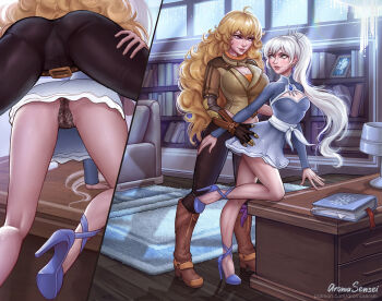 2girls ahoge aroma_sensei artist_name ass belt blonde_hair blue_eyes boots breasts desk eye_contact fingerless_gloves gloves hands_on_another's_hips height_difference high_collar high_heel_boots high_heels imminent_penetration knee_boots long_hair long_sleeves looking_at_another medium_breasts multiple_girls office on_desk panties pants prosthesis prosthetic_arm purple_eyes pussy rwby scar see-through_clothes shoe_soles side_ponytail split_screen standing standing_on_one_leg strappy_heels thigh_grab thighs tiara underwear weiss_schnee white_hair yang_xiao_long yuri