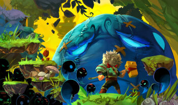 1boy bastion from_behind full_body grass hammer jen_zee long_image monster mushroom outdoors squirt_(bastion) standing tagme the_kid_(bastion) white_hair wide_image