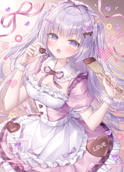 Rule 34 | 1girl, :d, animal ear fluff, animal ears, apron, blush, breasts, candy, cat ears, cat girl, cat tail, chocolate, chocolate heart, cleavage, commentary request, cowboy shot, dot nose, dress, food, frilled apron, frilled dress, frilled wrist cuffs, frills, hair intakes, hair ornament, heart, heart-shaped food, heart hair ornament, highres, holding, holding chocolate, holding food, kohinata hoshimi, long hair, looking at viewer, maid headdress, medium breasts, neck ribbon, open mouth, original, pink dress, purple eyes, purple hair, purple ribbon, ribbon, short sleeves, sitting, smile, solo, tail, two side up, waist apron, white apron, wrist cuffs