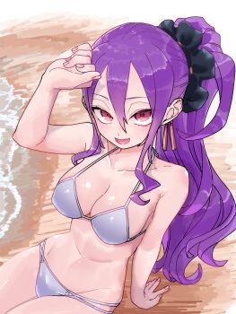 1girl bare_shoulders bikini blush breasts cleavage commentary_request earrings fate/grand_order fate_(series) hair_between_eyes hair_ornament hair_scrunchie highres jewelry large_breasts long_hair looking_at_viewer navel niwaikanai open_mouth ponytail purple_eyes purple_hair scrunchie shore sidelocks smile solo swimsuit very_long_hair wu_zetian_(fate) wu_zetian_(swimsuit_caster)_(fate)