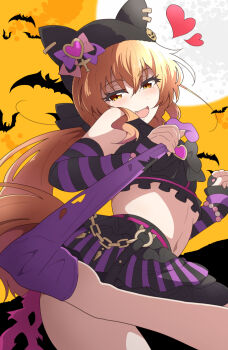 1girl :d ass black_hat black_skirt commentary_request detached_sleeves fang from_behind full_body hat heart long_hair long_sleeves looking_at_viewer mayano_top_gun_(rockin&#039;_mewmeow)_(umamusume) mayano_top_gun_(umamusume) midriff navel nel-c official_alternate_costume official_alternate_hair_color official_alternate_hairstyle open_mouth orange_hair purple_sleeves purple_thighhighs removing_legwear shirt simple_background single_thighhigh skirt sleeveless sleeveless_shirt smile solo standing standing_on_one_leg striped_sleeves thighhighs torn_clothes torn_thighhighs twintails umamusume very_long_hair yellow_eyes