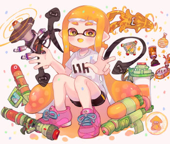 1girl :d black_shorts blush bubbler_(splatoon) burst_bomb_(splatoon) colored_tongue echolocator_(splatoon) highres hsk8tori ink_tank_(splatoon) inkling inkling_girl inkling_player_character inkstrike_(splatoon) inkzooka_(splatoon) killer_wail_(splatoon) kraken_(splatoon) long_hair looking_at_viewer nintendo open_mouth orange_eyes orange_hair pink_shoes pointy_ears seeker_(splatoon) shirt shoelaces shoes short_sleeves shorts single_vertical_stripe sitting smile sneakers solo splat_bomb_(splatoon) splatoon_(series) splatoon_1 splattershot_(splatoon) squid suction_bomb_(splatoon) t-shirt tentacle_hair very_long_hair white_background white_shirt yellow_tongue