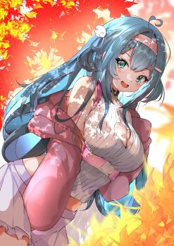 0344 1girl absurdres ahoge amano_nene_(vtuber) autumn_leaves bandaid bandaid_hair_ornament blue_eyes blue_hair blush braid breasts cleavage cleavage_cutout clothing_cutout hair_ornament hairband heart_cutout highres indie_virtual_youtuber leaf long_hair mole mole_under_eye open_mouth pink_hairband second-party_source smile solo virtual_youtuber wing_hair_ornament