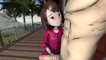 1boy 1girl 3d age_difference animated bloodydrawings brown_hair cum dot_nose ejaculation gloria_(pokemon) grin handjob hetero loli looking_at_another looking_up looping_animation medium_hair naughty_face nintendo orange_eyes outdoors pink_shirt pokemon pokemon_swsh shirt size_difference smile smug solo_focus sound tagme teeth upper_body video