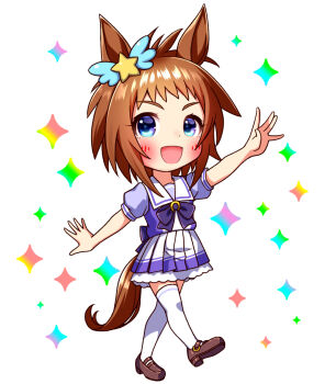 1girl animal_ears biko_pegasus_(umamusume) blue_eyes blush bow bowtie brown_hair chibi chibi_only commentary_request ear_ornament full_body hair_ornament highres horse_ears horse_girl horse_tail looking_at_viewer open_mouth pleated_skirt puffy_short_sleeves puffy_sleeves purple_bow purple_bowtie purple_shirt sailor_collar sailor_shirt school_uniform shirt shoes short_hair short_sleeves skirt smile solo sugimotty_nova tail thighhighs tracen_school_uniform umamusume white_sailor_collar white_skirt white_thighhighs wing_ornament zettai_ryouiki