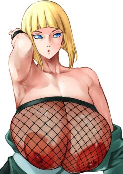 1girl arm_up armpits blonde_hair blue_eyes blunt_bangs bob_cut breasts cleavage fishnet_top fishnets green_kimono huge_breasts japanese_clothes kimono kyuugata lips naruto_(series) nipples obi off-shoulder_kimono open_mouth pursed_lips samui_(naruto) sash short_hair solo white_background wristband