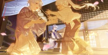 1boy 1girl age_comparison aged_down agemaki_knot armor ayaka_(genshin_impact) black_armor black_corset black_gloves black_hakama blue_hair blue_shirt blunt_bangs blunt_tresses brother_and_sister closed_eyes closed_mouth commentary_request contrast_lapels corset dual_persona falling_petals genshin_impact gloves gold_trim hair_behind_ear hair_between_eyes hair_tubes hakama hakama_pants highres imminent_hug indoors japanese_armor japanese_clothes kamisato_ayato kimono kneeling lapels light_particles long_hair long_sleeves looking_at_another medium_hair mole mole_under_eye mole_under_mouth open_mouth outstretched_arms pants parted_bangs petals ponytail print_kimono purple_eyes purple_kimono reaching reaching_towards_another ribbon-trimmed_sleeves ribbon_trim seigaiha seiza shirt shoulder_armor siblings sitting smile sode standing table teeth upper_teeth_only white_hair white_hakama white_kimono white_pants white_tailcoat wide_sleeves zassyoku_dd