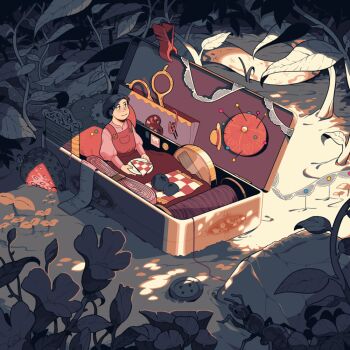 1girl aluhnim animal ant blue_eyes blueberry brown_hair bug button casket clothes_pin cushion dress easel food frills fruit hat holding holding_plate insect juliet_sleeves leaf light_smile long_sleeves looking_to_the_side mini_person napkin original outdoors oversized_animal oversized_food oversized_object paper_clip pin pin_cushion plant plate puffy_sleeves red_dress rock scissors short_hair snake spool strawberry tape_measure