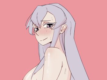 1girl blush breasts closed_mouth commentary double-parted_bangs english_commentary from_side grey_eyes grey_hair highres large_breasts long_hair looking_at_viewer original out-of-frame_censoring pink_background raised_inner_eyebrows shibansfw simple_background solo sweat upper_body
