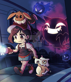 1girl baseball_cap black_shirt blue_shorts bone brown_hair child closed_mouth commentary cubone eevee elaine_(pokemon) english_commentary fangs flashlight flashlight_beam floating gastly gen_1_pokemon getterstudio ghost hat highres holding holding_bone holding_flashlight holding_hands indoors nintendo on_head open_mouth pokemon pokemon_(creature) pokemon_lgpe pokemon_on_head pokemon_tower_ghost ponytail red_hat red_shoes scared shirt shoelaces shoes short_sleeves shorts skull_on_head smile sweat tombstone trembling v-shaped_eyes