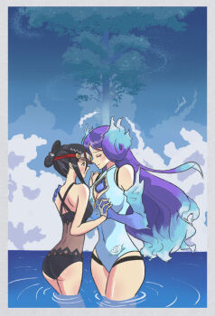 2girls ass bare_shoulders black_hair black_one-piece_swimsuit blue_fire blue_one-piece_swimsuit blush breasts brighid_(water_lily)_(xenoblade) brighid_(xenoblade) casual_one-piece_swimsuit cleavage closed_eyes cloud commentary covered_navel curvy elbow_gloves english_commentary fiery_hair fingerless_gloves fire folded_ponytail gloves highleg highleg_leotard highleg_one-piece_swimsuit itsjarrrd large_breasts leotard long_hair morag_ladair_(obligatory_leave)_(xenoblade) morag_ladair_(xenoblade) multiple_girls one-piece_swimsuit purple_hair signature small_breasts swimsuit thighs very_long_hair visor_cap water white_gloves xenoblade_chronicles_(series) xenoblade_chronicles_2 yuri