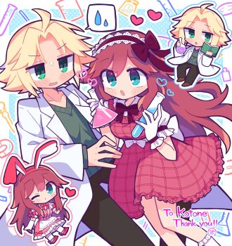 1boy 1girl absurdres blonde_hair blue_eyes commission dress green_eyes highres red_dress red_hair red_skirt richard_(richaball) skeb_commission skirt