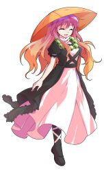 Rule 34 | 1girl, ^ ^, ajirogasa, alphes (style), beads, black dress, black footwear, closed eyes, commentary request, dairi, dress, full body, gradient hair, happy, hat, highres, hijiri byakuren, layered dress, long hair, looking at viewer, multicolored hair, orange hair, parody, prayer beads, puffy short sleeves, puffy sleeves, purple eyes, purple hair, short sleeves, smile, solo, standing, style parody, tachi-e, touhou, transparent background, turtleneck, very long hair, white dress