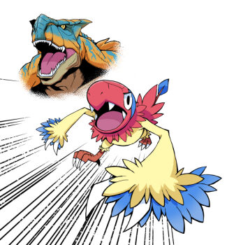 Rule 34 | archen, bird, black eyes, commentary request, fangs, gen 5 pokemon, inothi, monster hunter (series), motion lines, nintendo, no humans, open mouth, pokemon, pokemon (creature), talons, tigrex, tongue, white background