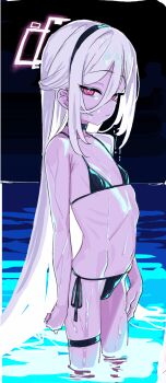 1girl alternate_costume bare_shoulders bikini black_bikini blue_archive closed_mouth flat_chest groin hair_between_eyes hairband halo highres kei_(blue_archive) loli long_hair long_hair_between_eyes looking_at_viewer navel pink_eyes pink_halo rectangular_halo ribs samesann skinny solo standing stomach string_bikini swimsuit very_long_hair wading water webp-to-png_conversion wet white_hair