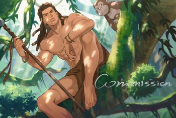 1boy absurdres akagi_takenori bara barefoot brown_eyes brown_hair closed_mouth commission dappled_sunlight dark-skinned_male dark_skin day dreadlocks gorilla highres holding holding_polearm holding_weapon in_tree jungle ke_(ke_sd) long_hair looking_at_viewer male_focus monkey moss muscular muscular_male nature nipples outdoors parody pectorals plant polearm scar scar_on_arm sitting sitting_in_tree slam_dunk_(series) solo sunlight tarzan_(disney_movie) topless_male tree undercut weapon