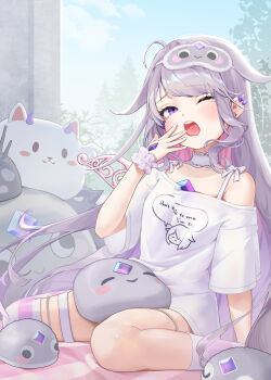 1girl absurdres asymmetrical_legwear chest_jewel choker colored_inner_hair commentary cowlick english_commentary fingernails gem gradient_hair hair_flaps hand_jewel highres hololive hololive_english jewel_under_eye koseki_bijou koseki_bijou_(pebble_pajamas) lace-trimmed_choker lace_trim long_fingernails long_hair looking_at_viewer multicolored_hair nail_polish off-shoulder_shirt off_shoulder official_alternate_costume one_eye_closed open_mouth pebble_(koseki_bijou) perroccino_(fuwamoco) pink_hair purple_eyes purple_gem purple_hair shadow_(nerissa_ravencroft) shirt short_sleeves single_sock single_thighhigh sitting sleep_mask socks solo striped_clothes striped_socks striped_thighhighs tearing_up thigh_strap thighhighs twitter_username two-tone_hair uneven_legwear very_long_hair virtual_youtuber waking_up wariza white_choker white_nails white_shirt wings yawning yorick_(shiori_novella) yuyu_(kerfish50927)