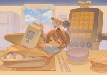 1other :&lt; =_= absurdres ahoge arm_up blue_shirt blue_sky bowl brown_hair chef_hat child cloud commentary cutting_board day double-parted_bangs egg_(food) english_commentary fewer_digits food frisk_(undertale) gloves hair_between_eyes hand_up hat highres holding holding_microphone in-universe_location indoors kiriyume knife long_sleeves mechanical_arms mettaton mettaton_(box) microphone milk_carton non-humanoid_robot puffy_long_sleeves puffy_sleeves refrigerator robot shirt short_hair simple_background sky table twitter_username undertale upper_body utdr_(toby_fox) v-shaped_eyebrows white_gloves white_hat window