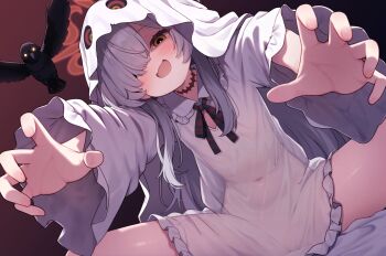 1girl :d bird black_ribbon blue_archive brown_halo cloak covered_navel crow dress ghost_costume grey_hair hair_over_one_eye halo highres hood hood_up hooded_cloak kanoe_(blue_archive) kohaku_rinne long_hair neck_ribbon open_mouth orange_eyes ribbon scar scar_on_neck smile solo white_cloak white_dress