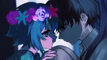 Rule 34 | 2boys, basil (headspace) (omori), basil (omori), black eyes, black hair, black sweater vest, closed mouth, collared shirt, flower, flower wreath, green eyes, green hair, green shirt, head wreath, highres, knees up, looking at another, male focus, multiple boys, omori, open mouth, oreelurn, shirt, short hair, sidelocks, smile, sunny (omori), sweater vest, t-shirt, white shirt