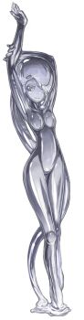 1girl female_focus full_body hair_over_one_eye idon liquid_metal monster_girl original shiny_skin silver_hair silver_skin simple_background slime_girl solo white_background