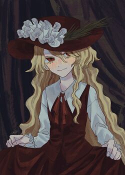 1girl blonde_hair blush colored_eyelashes commentary hat highres jacket_girl_(dipp) kz_m_i long_hair long_sleeves looking_to_the_side neck_ribbon red_eyes ribbon skirt skirt_hold skirt_set smile solo touhou very_long_hair