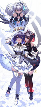 Rule 34 | 3girls, absurdres, ahoge, black dress, black gloves, black hair, black thighhighs, blue eyes, blue hair, bronya zaychik, bronya zaychik (herrscher of reason), colored inner hair, commentary request, cutescookie, dress, drill hair, dual persona, gloves, grey hair, highres, holding hands, holding head wreath, honkai (series), honkai impact 3rd, long hair, multicolored hair, multiple girls, red eyes, red hair, seele vollerei, seele vollerei (stygian nymph), smile, thighhighs, two-tone hair, very long hair, white dress, white gloves, white thighhighs