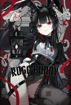 Rule 34 | 1girl, 2026, absurdres, akadajohnson02, animal ears, belt, belt collar, black belt, black bow, black choker, black hair, black leotard, black shrug, black thighhighs, blunt bangs, bow, brooch, choker, collar, commentary request, cross, cross necklace, earrings, english text, fake animal ears, fake tail, falling petals, fingernails, flat chest, frilled choker, frilled hairband, frills, gem, hair bow, hair ornament, hairband, hairclip, heart, heart earrings, highleg, highleg leotard, highres, holding, holding lantern, jewelry, juliet sleeves, lace, lace-trimmed thighhighs, lace trim, lantern, leotard, long fingernails, long hair, long sleeves, looking at viewer, nail polish, necklace, original, parted lips, petals, playboy bunny, puffy sleeves, qr code, rabbit ears, rabbit tail, red eyes, red gem, red nails, red ribbon, ribbon, shiny clothes, shirt, shrug (clothing), single thighhigh, solo, tail, thigh belt, thigh strap, thighhighs, very long hair, white shirt