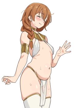 1girl blush braid breasts brown_hair hand_up harem_outfit highres inami_mahiru&#039;s_mother long_hair mature_female navel noyama_takenoko second-party_source simple_background small_breasts smile standing stomach thighhighs thighs waving white_background white_thighhighs working!!