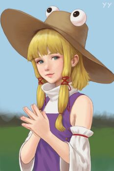 Rule 34 | 1girl, bare shoulders, blonde hair, blue eyes, blunt bangs, closed mouth, day, detached sleeves, flat chest, freckles, hair behind ear, hair ribbon, hands up, hat, highres, light smile, lips, looking at viewer, moriya suwako, nose, outdoors, own hands together, palms together, purple vest, red ribbon, ribbon, self-upload, short hair with long locks, sidelocks, solo, touhou, turtleneck, upper body, vest, yyf (seaknight)