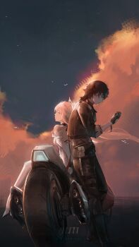 Rule 34 | 1boy, 1girl, absurdres, adoptive parent and adoptive child, aemeath (wuthering waves), black gloves, black hair, black jacket, black pants, commentary request, eggmam 2000, evening, father and daughter, gloves, highres, holding, jacket, male rover (wuthering waves), motor vehicle, motorcycle, outdoors, pants, pink hair, rover (wuthering waves), wuthering waves