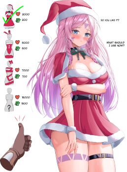 1girl :t absurdres blue_eyes blush bow bowtie breasts capelet citlali_(genshin_impact) cleavage closed_mouth commentary disembodied_hand dokimaru dress english_commentary english_text fur-trimmed_capelet fur-trimmed_dress fur-trimmed_headwear fur_trim genshin_impact green_bow green_bowtie hand_on_own_arm hat highres looking_at_viewer medium_breasts red_capelet red_dress red_hat simple_background solo thigh_strap thumbs_up twitter_strip_game white_background