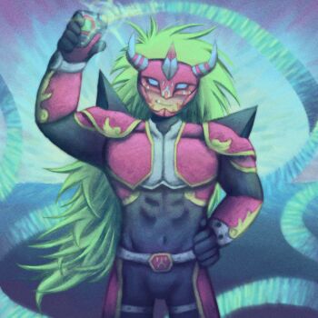 Rule 34 | 1boy, absurdres, agnimon, armor, black bodysuit, blonde hair, blue eyes, bodysuit, bracer, chest guard, covered abs, covered groin, covered navel, d-scanner, digimon, digimon (creature), digimon frontier, digivice, fang, fortunemagex, hand on own hip, highres, holding, horned mask, leg armor, long hair, looking at viewer, male focus, mask, red armor, red mask, shoulder armor, shoulder pads, skin tight, smile, spiked hair