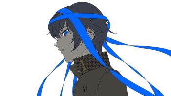 1girl blue_eyes blue_ribbon commentary eyelashes from_side highres looking_at_viewer parted_lips persona persona_4 ribbon school_uniform shirogane_naoto short_hair simple_background solo upper_body usa_(kawaii_152cm) white_background yasogami_school_uniform