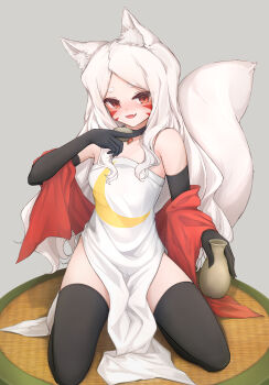 Rule 34 | 1girl, :d, absurdres, animal ears, bare shoulders, black choker, black gloves, black thighhighs, blush, breasts, choker, choko (cup), commentary request, crescent print, cup, dress, elbow gloves, facepaint, fang, fox ears, fox girl, fox tail, full body, gloves, highres, holding, holding cup, long hair, looking at viewer, open mouth, parted lips, pelvic curtain, red eyes, sewayaki kitsune no senko-san, shawl, shiro (sewayaki kitsune no senko-san), side slit, sitting, skin fang, small breasts, smile, sr (takutaku525mi), strapless, strapless dress, tail, tatami, thighhighs, tokkuri, wariza, white dress