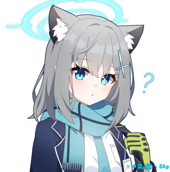 Rule 34 | 1girl, ?, absurdres, animal ear fluff, animal ears, black gloves, blue archive, blue eyes, blue necktie, blue scarf, breast pocket, bright pupils, commentary request, gloves, green gloves, grey hair, hair ornament, halo, highres, mismatched pupils, multicolored gloves, necktie, pocket, qi ye zhu sky, scarf, shiroko (blue archive), shirt, solo, two-tone gloves, white background, white pupils, white shirt