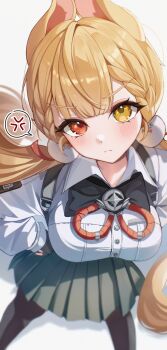 1girl absurdres alice_thymefield anger_vein angry animal_ears black_gloves black_pantyhose blonde_hair blurry blush breasts chest_bow closed_mouth commentary fingerless_gloves gloves green_skirt hair_ornament hands_on_own_hips heterochromia highres large_breasts long_hair looking_at_viewer mincokeikeujeongol pantyhose rabbit_ears rabbit_girl red_eyes shirt skirt solo sphere_hair_ornament spoken_anger_vein twintails white_background white_shirt yellow_eyes zenless_zone_zero