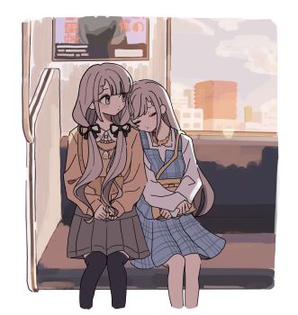 2girls absurdres asymmetrical_bangs black_ribbon black_thighhighs blue_dress blunt_bangs braid braided_bangs brown_sweater cropped_legs dress earrings grey_hair grey_skirt hair_ribbon highres hisakawa_hayate hisakawa_nagi idolmaster idolmaster_cinderella_girls jewelry leaning_on_person leaning_to_the_side long_hair looking_to_the_side mizuna multiple_girls pinafore_dress pleated_skirt ribbon shirt siblings sisters sitting skirt sleeping sleeveless sleeveless_dress straight_hair sweater thighhighs train_interior twins twintails very_long_hair white_shirt