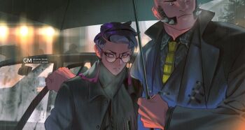 black_coat black_suit car car_door coat collared_shirt corbeau_(pokemon) eyewear_strap formal_clothes glass glasses grey_shirt highres holding holding_umbrella motor_vehicle necktie nintendo opening_door philippe_(pokemon) pokemon pokemon_legends:_z-a purple_hair rain round_eyewear scarf shirt short_hair sideburns suit umbrella yellow_eyes yellow_necktie yotsuban