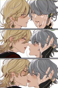 2boys 3koma absurdres akasha_terminal alhaitham_(genshin_impact) black_gloves blonde_hair blush closed_mouth closing_eyes comic couple earrings fingerless_gloves french_kiss genshin_impact gloves grey_eyes grey_hair hair_ornament hand_on_another&#039;s_face highres jewelry kaveh_(genshin_impact) kiss looking_at_another looking_at_viewer male_focus multiple_boys npnpnp0771 parted_lips red_eyes short_hair simple_background upper_body white_background x_hair_ornament yaoi