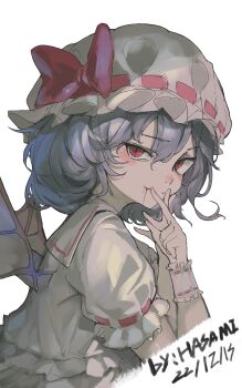 1girl absurdres artist_name bat_wings blood blood_from_mouth blue_hair blush bow closed_mouth commentary dated double-parted_bangs fang fang_out frills from_side hair_between_eyes hand_to_own_mouth hat hat_bow highres hua_ha_jiazi looking_at_viewer mob_cap puffy_short_sleeves puffy_sleeves red_bow red_eyes remilia_scarlet ribbon-trimmed_headwear ribbon_trim shirt short_hair short_sleeves simple_background smile solo symbol-only_commentary touhou upper_body white_background white_hat white_shirt white_wrist_cuffs wings wrist_cuffs